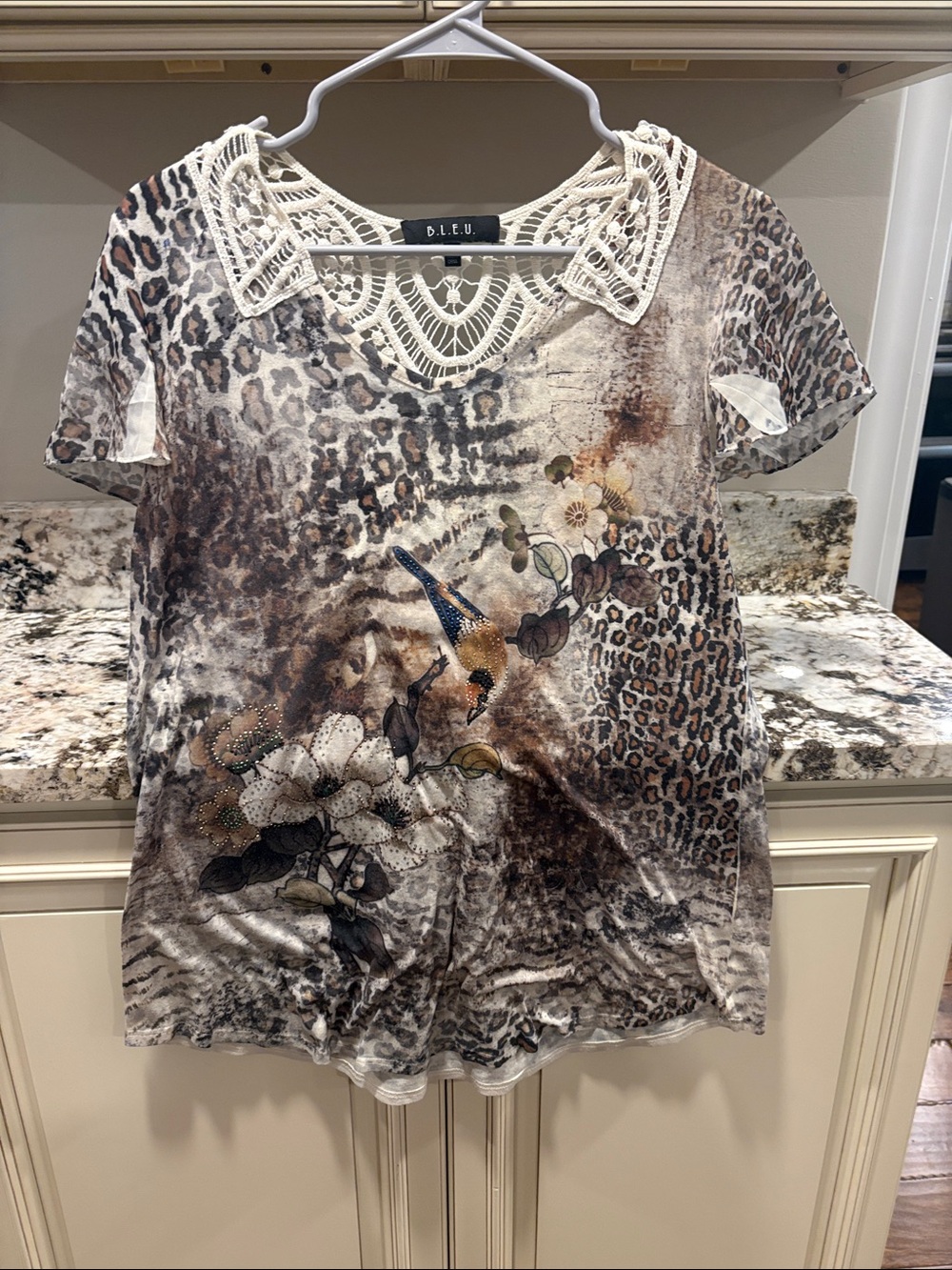 B.L.E.U. Leopard Floral Short Sleeve Top with Cream Lace V-Neck